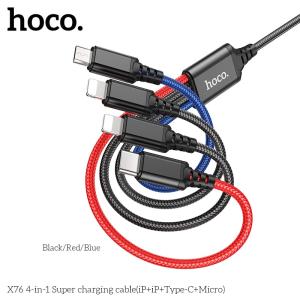 Cáp Sạc 4 Đầu Hoco X76 – Dây Sạc Đa Năng Lightning/Micro/Type-C, Sạc Nhanh 3A, Bền Bỉ, Linh Hoạt, Phù Hợp Với iPhone, Samsung, Xiaomi, iPad, Máy Tính Bảng, Thiết Bị Di Động – Lý Tưởng Cho Người Dùng Nhiều Thiết Bị