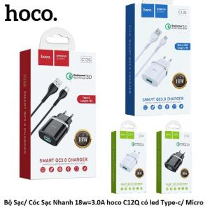 Bộ Sạc Nhanh 18W Hoco C12Q, Type-C & Micro, LED Báo Pin, Sạc Nhanh QC3.0/PD, Chống Nóng, Chống Cháy ABS + PC, EU Plug, Nhỏ Gọn & Di Động, Tương Thích iPhone, Samsung, Xiaomi, Sạc An Toàn Cho Pin