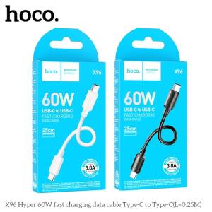 Cáp Hoco X96 60W 2 đầu Type-C, dây ngắn 25cm, hỗ trợ sạc nhanh laptop và điện thoại, dòng điện 3A, chất liệu PVC bền, lõi dây OD4mm, phụ kiện chính hãng, giải pháp tối ưu cho sạc nhanh bền bỉ.