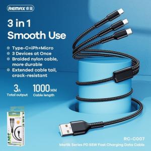 Cáp sạc 3 đầu Remax RC-C007 USB to Micro, Type-C, Lightning, dây dài 1.2m, màu đen sang trọng, hỗ trợ dòng điện 2A, 1.8A, tổng output 3A, phụ kiện chính hãng, giải pháp sạc đa năng nhanh chóng và tiện lợi.