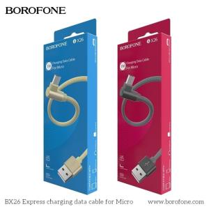 Cáp Sạc Borofone BX26 Micro Chính Hãng, dây dài 1m trọng lượng nhẹ 26g, vỏ nylon dệt chống rối, đầu nối hợp kim nhôm bền bỉ, lõi đồng 24AWG + 28AWG truyền tải ổn định, thiết kế khuỷu tay 90 độ tiện lợi, hỗ trợ sạc nhanh 2.4A và truyền dữ liệu.