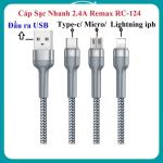 Cáp Sạc Nhanh 6A Remax RC-124 i/a/m 3 đầu Lightning, Type-C, Micro USB, hỗ trợ sạc nhanh 2.4A, thiết kế chống uốn cong, vỏ bọc hợp kim nhôm phun khuôn bền chắc, lõi đồng mạ thiếc dày cho tốc độ sạc nhanh hơn, mang lại trải nghiệm tiện lợi và an toàn