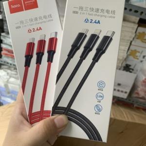 Cáp Sạc Nhanh Hoco CX3 2.4A, dây dài 1.2m, trọng lượng nhẹ 38g, 3 đầu Lightning, Micro, Type-C, vỏ nylon chống đứt chống rối, lõi đồng mạ kẽm 90 sợi bền bỉ, sạc nhanh nhiều thiết bị cùng lúc, tiện lợi cho iPhone, Samsung, Xiaomi, Huawei.