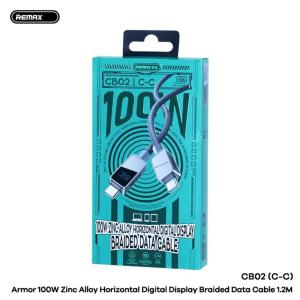 Cáp sạc nhanh Remax CB02 100W, 2 đầu Type-C, dây dài 1.2m, vỏ hợp kim kẽm chống oxy hóa, màn hình kỹ thuật số hiển thị trạng thái sạc, tốc độ truyền dữ liệu 480MB/s, tuổi thọ 50.000 lần cắm rút, giải pháp toàn diện cho người dùng