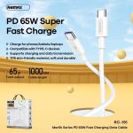 Cáp Sạc Nhanh Remax RC-191 Type-C to Type-C, công suất tối đa 65W, hỗ trợ nhiều mức điện áp (20V/3.25A, 5V/4A, 4.5V/5A, 9V/2A, 12V/1.5A), truyền dữ liệu tốc độ 480Mb/s, dây dài 1m, lõi đồng bền, vỏ TPE trắng chống gãy