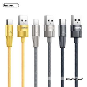 Cáp sạc nhanh Remax RC-C103 USB to Type-C 120W, dây dài 1.2m, chất liệu cáp bện + vỏ hợp kim kẽm, khuôn trong siêu bền, phụ kiện chính hãng, giải pháp sạc nhanh an toàn cho laptop, smartphone, tablet.