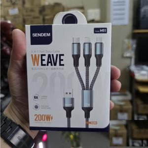 Cáp sạc nhanh Sendem M51 200W 3 đầu (Micro/Type-C/Lightning), dây dài 1.2m, phụ kiện chính hãng, hỗ trợ sạc nhanh ổn định, tiện lợi cho nhiều thiết bị, không truyền dữ liệu.