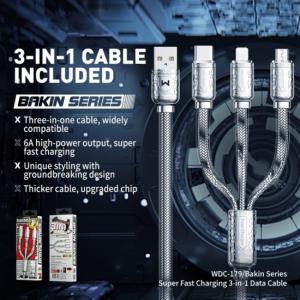 Cáp Sạc Nhanh Wekome WDC-179th 3 đầu, dòng điện đầu ra 6A, dây dài 1.2m, màu bạc sang trọng, chất liệu hợp kim kẽm kết hợp sợi dệt chống rối, độ bền cao, sạc nhanh đa thiết bị, giải pháp tối ưu cho iPhone, Android, tablet và phụ kiện công nghệ di độn