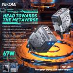 Cóc Sạc Nhanh 67W Wekome WP-U08, 3 cổng (Type-C x2 + USB x1), hỗ trợ sạc đa thiết bị cùng lúc, công suất 67W, PPS, sạc nhanh an toàn, chống nóng, vật liệu PC bền bỉ, lý tưởng cho smartphone, tablet, laptop.