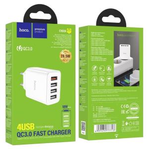 Cóc Sạc Nhanh MAX 28.5W Hoco C102A 4 cổng USB, hỗ trợ QC/AFC/FCP, sạc nhiều thiết bị cùng lúc, chân tròn EU, vật liệu PC+ABS chống cháy, thiết kế nhỏ gọn tiện di chuyển, tặng kèm cáp 1m Lightning/Micro/Type-C