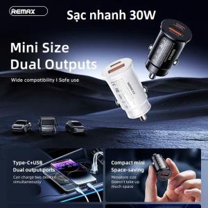 Cóc sạc xe hơi Remax RCC358, củ sạc nhanh 30W, hỗ trợ PD2.0/PD3.0/QC3.0, sạc nhanh an toàn, 2 cổng USB + Type-C, thân vỏ ABS chống cháy, tương thích điện thoại, tablet, thiết kế siêu nhỏ tiện dụng cho xe ô tô