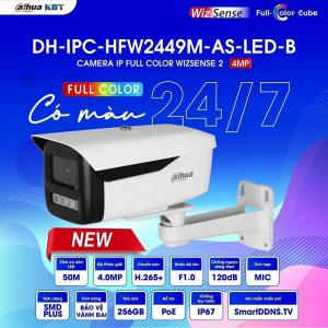 Dahua DH IPC HFW2449M AS LED B Camera Bullet 4MP Full-Color ngoài trời, Smart Illumination đèn LED trắng + hồng ngoại, nén H.265+, kích thước vừa phải, giải pháp giám sát chuyên nghiệp cho kho xưởng và văn phòng.