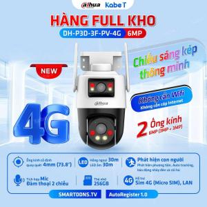 Dahua DH-P3D-3F-PV-4G Camera IP 4G Dual-Lens 6MP ngoài trời, hỗ trợ mạng 4G/LTE, xoay/nghiêng, phát hiện người & phương tiện bằng AI, báo động đèn và còi, lựa chọn bảo vệ tài sản vùng xa.