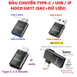 Đầu chuyển đổi Hoco UA17 2in1, USB sang Type-C/Lightning, hỗ trợ OTG, đọc U Disk/ổ cứng di động, tương thích iPhone & Android, thiết kế nhỏ gọn, tiện lợi mang theo