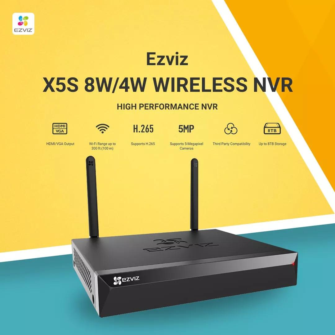 EZVIZ CS-X5S-4W 4 kênh, hỗ trợ camera WiFi hoặc có dây, 2 ăng-ten ngoài, phạm vi WiFi tới 100m, phù hợp lắp đặt cho “camera ngoài trời”, “camera kho hàng”, “camera văn phòng”, nâng cấp hệ thống giám sát ngay hôm nay.