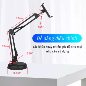 Giá đỡ kẹp iPad khớp nâng xoay 360 độ, đế tròn/đế vuông, chất liệu hợp kim cao cấp, màu đen sang trọng, kích thước 15.5x22x22cm, phù hợp điện thoại và máy tính bảng 4.0-10.5 inch, chắc chắn, tiện lợi cho học tập, làm việc, xem phim, livestream