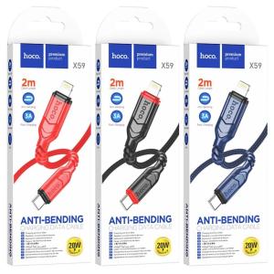 Hoco X59 cáp sạc nhanh 20W Type-C to Lightning, dây dài 2m, trọng lượng nhẹ 30g, nylon dệt siêu bền, đầu nối TPE, lõi 118 dây đồng, phụ kiện chính hãng, tiện lợi khi di chuyển và sử dụng.