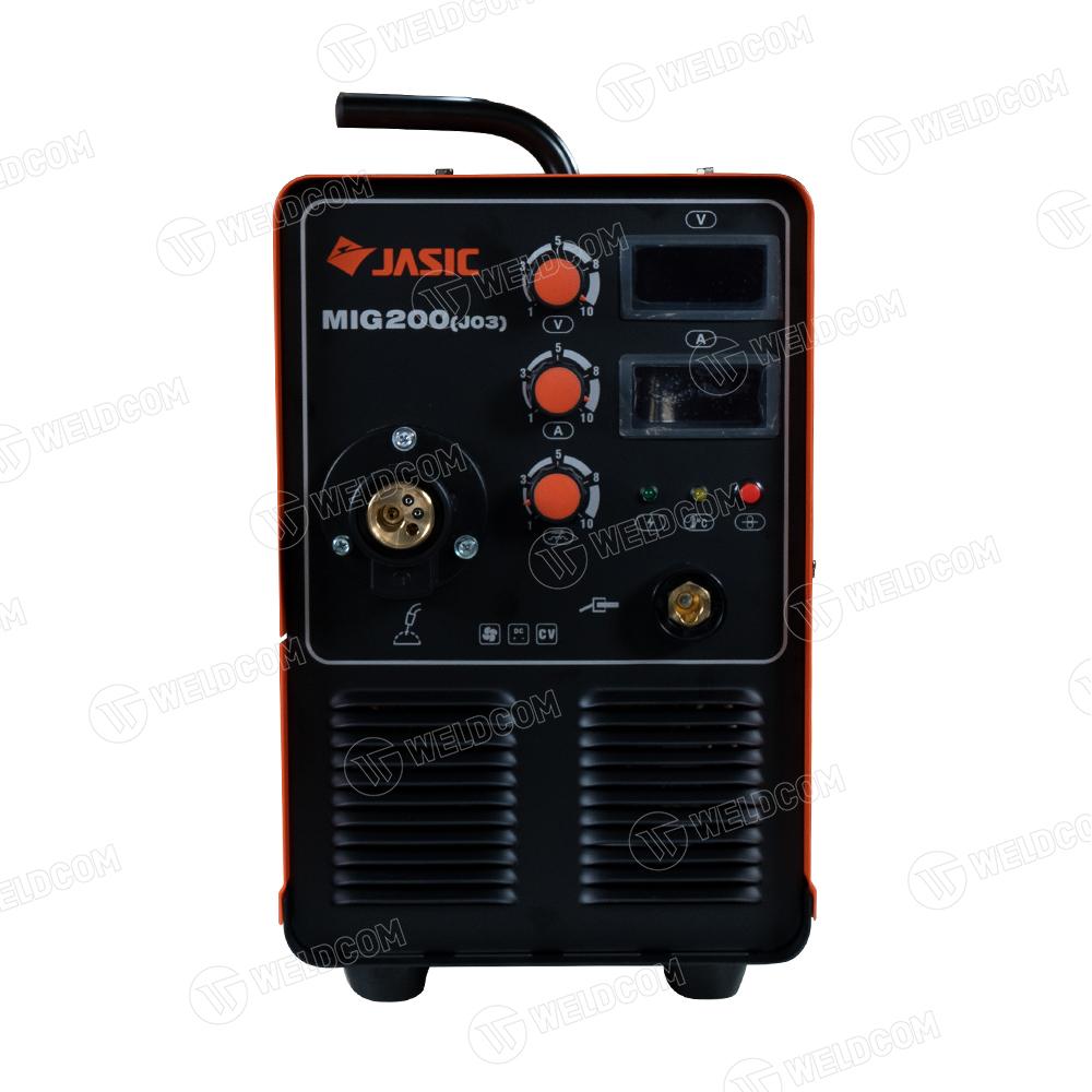 Jasic MIG 200 (J03) máy hàn MIG/CO₂ đầu liền 1 pha 220 V, điều chỉnh dòng 50-200A, thích hợp hàn thép, inox, khung hộp, giúp kiểm soát bavia, nâng cao chất lượng mối hàn và giảm chi phí sửa chữa sau khi hàn.