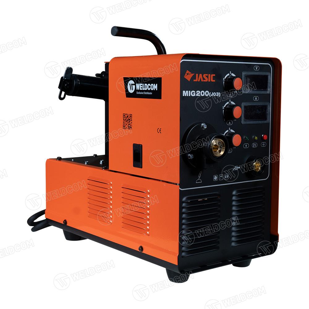 Jasic MIG 200 (J03) máy hàn MIG/CO₂ đầu liền 1 pha 220 V, điều chỉnh dòng 50-200A, thích hợp hàn thép, inox, khung hộp, giúp kiểm soát bavia, nâng cao chất lượng mối hàn và giảm chi phí sửa chữa sau khi hàn.
