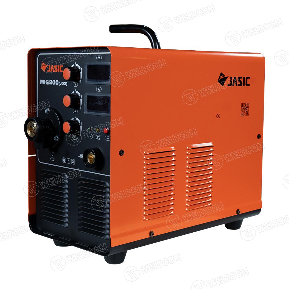 Jasic MIG 200 (J03) máy hàn MIG/CO₂ đầu liền 1 pha 220 V, điều chỉnh dòng 50-200A, thích hợp hàn thép, inox, khung hộp, giúp kiểm soát bavia, nâng cao chất lượng mối hàn và giảm chi phí sửa chữa sau khi hàn.