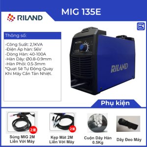 Máy hàn Riland MIG 135E, công nghệ IGBT tiên tiến, hàn không khí với dây thuốc tự bảo vệ, công nghệ Synergy dễ điều chỉnh, hoạt động ổn định trong phạm vi điện áp 187–253V, thiết kế nhỏ gọn kèm dây đeo, bảo hành chính hãng 12 tháng