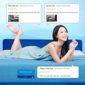 Nệm Aeroflow Pride, lớp Adaptive Foam như trợ lý giấc ngủ cá nhân, Contour cutting điều chỉnh độ cứng mềm theo 7 vùng, Mixel Cube thoáng khí, áo nệm SEAQUAL™ YARN chống nước kháng khuẩn, bảo vệ môi trường biển và nâng cao trải nghiệm nghỉ ngơi.