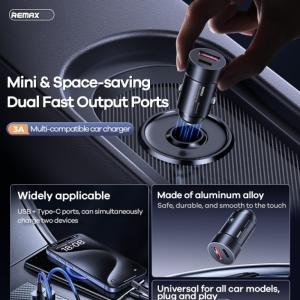 Cóc sạc nhanh 3A Remax RCC361 cho xe hơi, hỗ trợ 1 cổng Type-C và 1 cổng USB, công suất 15W, sạc nhanh an toàn, tương thích đa thiết bị, thiết kế gọn nhẹ, tiện lợi cho mọi hành trình.
