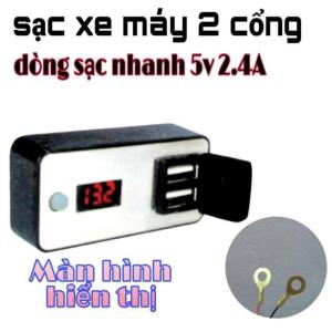 Sạc xe máy 2 cổng USB có LED 2.4A mẫu 2025, sạc nhanh 5V ổn định, hiển thị dòng điện thông minh, chống nước tuyệt đối, gắn ghi đông hoặc chân gương tiện dụng, phù hợp mọi dòng xe máy hiện nay