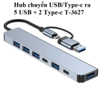 T-3627 Hub USB Type-C 7 cổng, gồm 1 USB 3.0 + 4 USB 2.0 + 2 Type-C, tốc độ truyền dữ liệu 5Gbps, hỗ trợ sạc nhanh PD, tương thích MacBook, Dell, HP, Lenovo, iPhone, iPad, thiết kế nhôm nguyên khối, di động và bền bỉ, không cần driver, LED báo nguồn t