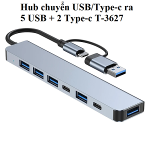 T-3627 Hub USB Type-C 7 cổng, gồm 1 USB 3.0 + 4 USB 2.0 + 2 Type-C, tốc độ truyền dữ liệu 5Gbps, hỗ trợ sạc nhanh PD, tương thích MacBook, Dell, HP, Lenovo, iPhone, iPad, thiết kế nhôm nguyên khối, di động và bền bỉ, không cần driver, LED báo nguồn t