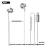 Tai Nghe Remax RM-710a Type-C Chính Hãng, Âm Thanh HiFi Độ Nét Cao, Công Suất 3mW, Bộ Truyền Động 10mm, Chiều Dài Cáp 150cm Chống Rối, Trọng Lượng Nhẹ 22g, Thiết Kế Công Thái Học Thoải Mái, Âm Trầm Phong Phú, Khôi Phục Cảnh KTV, Giải Pháp Nghe Nhạc V