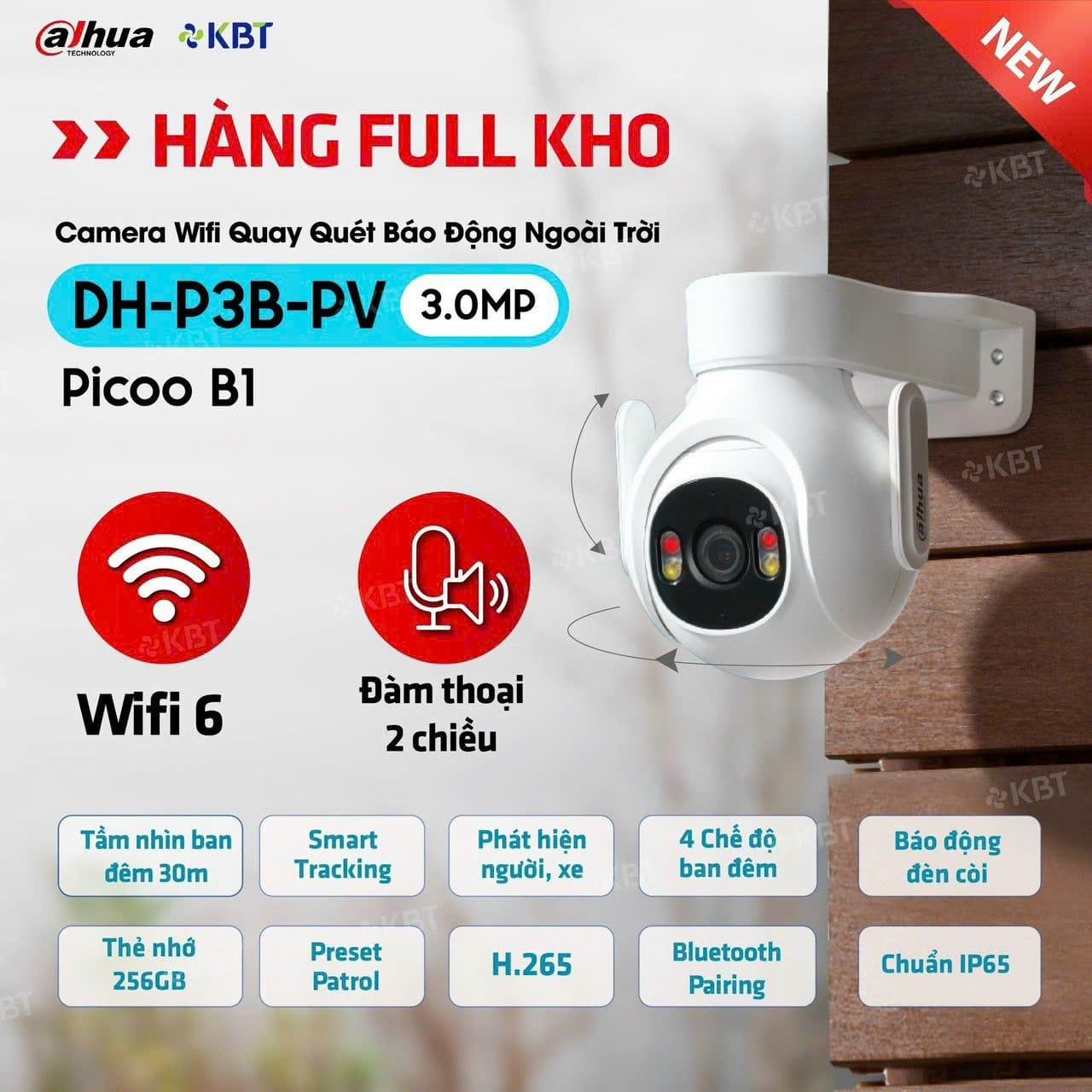Camera Dahua Picoo B1 (DH P3B PV) 3MP, Quay Quét Toàn Vòng 360°, AI Thông Minh, Ban Đêm Full Color, IP66 Chống Nước, Hỗ Trợ WiFi & ONVIF, Báo Động – Giám Sát Liên Tục Mọi Góc