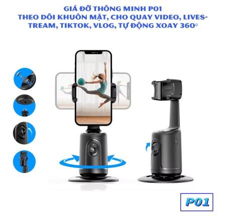 Giá Đỡ Thông Minh Gimbal P01 Black, Xoay 360 Độ Tự Động Theo Dõi Khuôn Mặt, Livestream Vlog TikTok Chống Rung Mượt Mà, Pin Sạc Dung Lượng Cao, Tương Thích Android iPhone