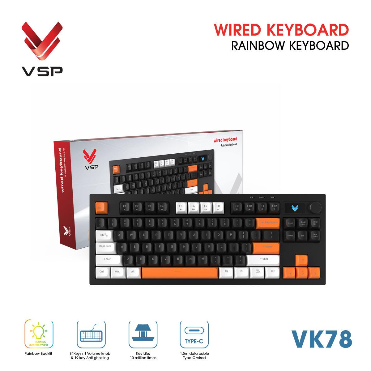 Keyboard VSP VK78, kiểu dáng retro đen trắng cam, 84 phím bấm nhạy, núm điều chỉnh âm lượng, dây Type-C tháo rời, siêu bền, trải nghiệm gõ mượt mà
