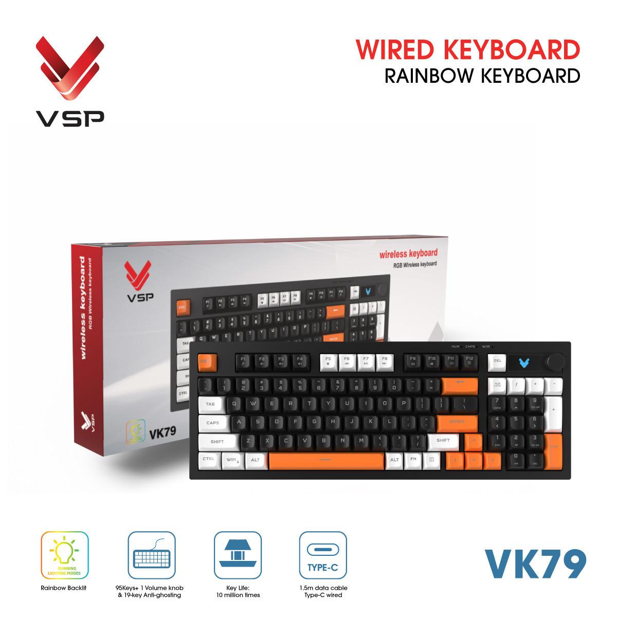 Keyboard VSP VK79 giả cơ, kiểu dáng tối giản, phím đàn hồi cao, ánh sáng RGB rực rỡ, kết nối Type-C ổn định, núm xoay volume tiện lợi, trải nghiệm gõ nhanh nhạy và chính xác từng cú chạm.