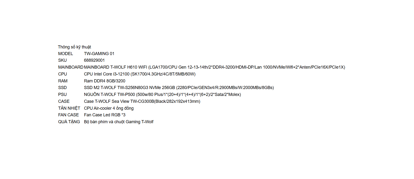 Máy Bộ Gaming T-WOLF TW-GAMING-01, Intel Core i5-12400F, 16GB RAM, SSD 512GB NVMe, RTX 3060, FPS mượt mà, Đồ họa sắc nét, Chơi game chuyên nghiệp