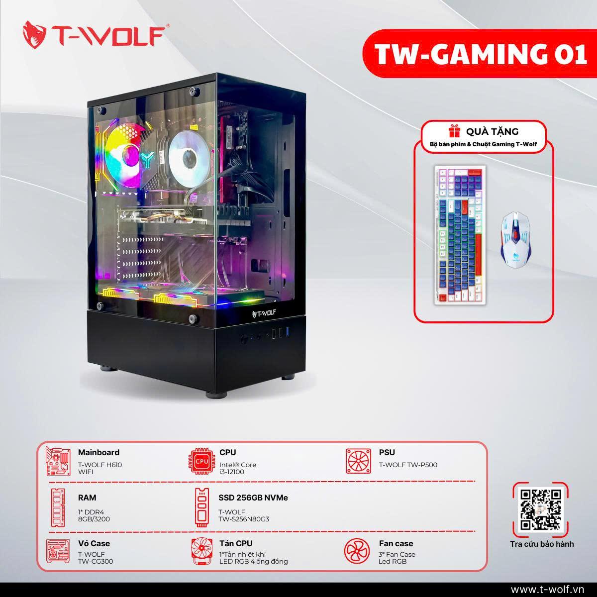 Máy Bộ Gaming T-WOLF TW-GAMING-01, Intel Core i5-12400F, 16GB RAM, SSD 512GB NVMe, RTX 3060, FPS mượt mà, Đồ họa sắc nét, Chơi game chuyên nghiệp