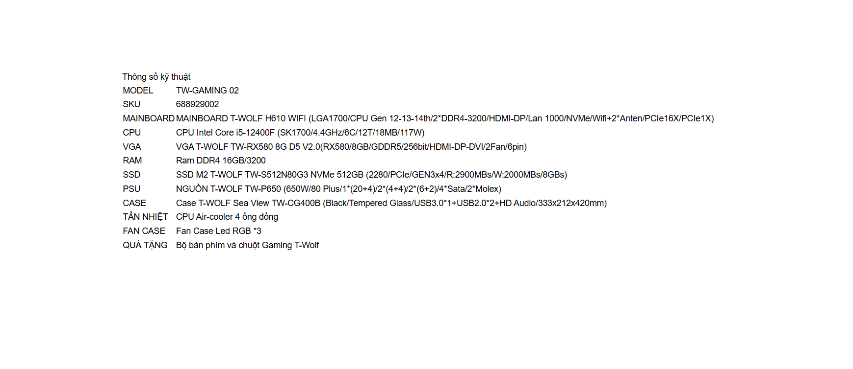 MÁY BỘ GAMING T-WOLF TW-GAMING-02, Intel Core i5-12400F, 16GB RAM, SSD 512GB NVMe, RTX 3060, FPS mượt mà, Đồ họa sắc nét, Chơi game chuyên nghiệp