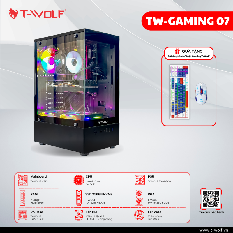 Máy Bộ Gaming T-WOLF TW Gaming 07, Gaming Setup Tối Ưu, PC RGB LED, Case Gaming Chơi Game AAA, Hiệu Suất Mạnh, FPS Mượt