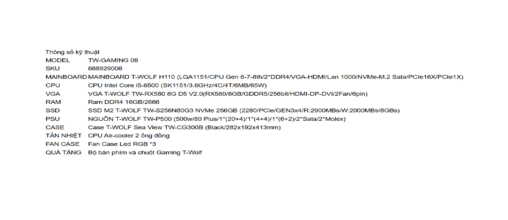 Máy bộ Gaming T-WOLF TW Gaming 08, Hiệu Suất Cao, PC Gaming RGB, Chơi Game Mượt, FPS Cao, Case LED, Cấu Hình Mạnh, Gaming Setup