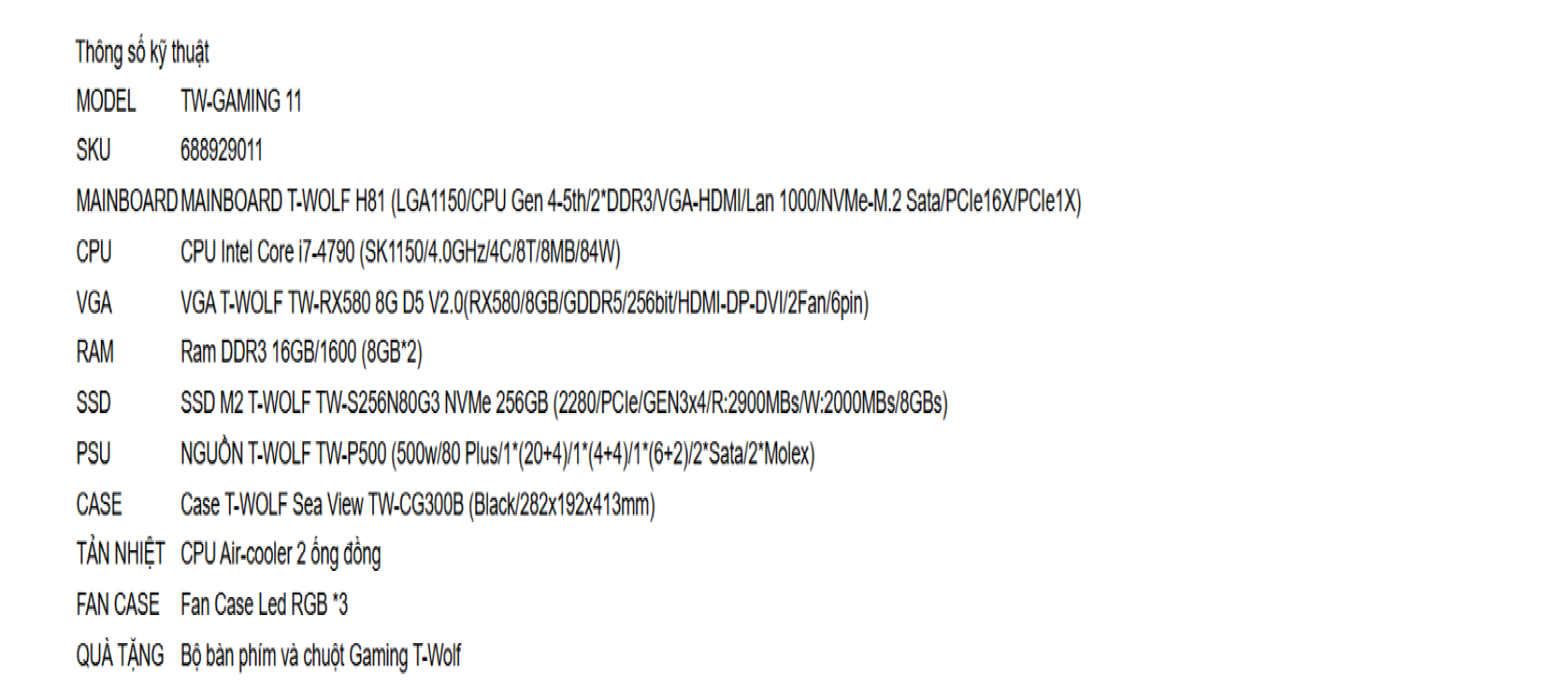 Máy Bộ Gaming T-WOLF TW Gaming 11, Cấu Hình Mạnh Mẽ, Hiệu Suất Tối Ưu Cho Game Thủ Và Đồ Họa