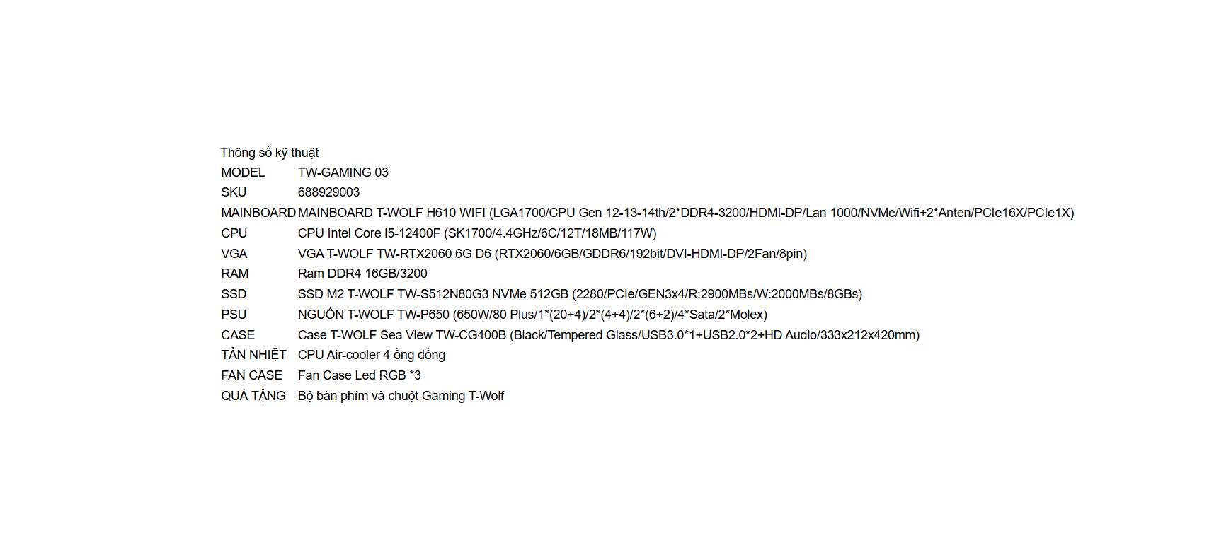 Máy Bộ TW-GAMING-03, SSD 512GB SATA, Khởi động nhanh, Load game tức thì, Chơi PUBG/Valorant/Lol cực mượt