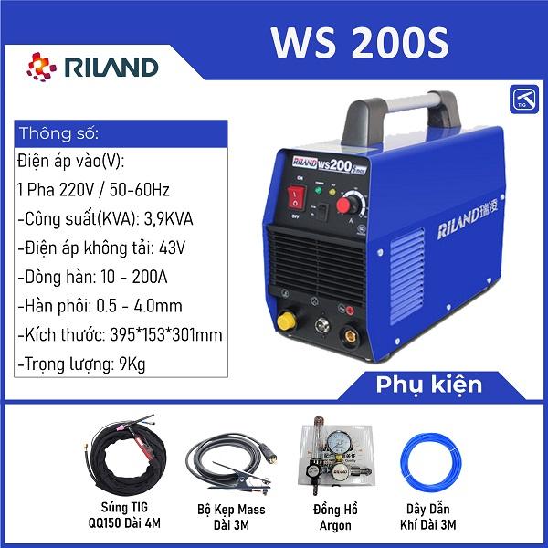 Máy hàn Riland WS 200S TIG & MMA 10-200A cho thợ cơ khí, hiệu suất cao, khởi hồ quang ấn tượng, màn hình LED hiển thị dòng hàn rõ rệt, tiết kiệm điện, mối hàn đẹp – lý tưởng cho xưởng và công trình