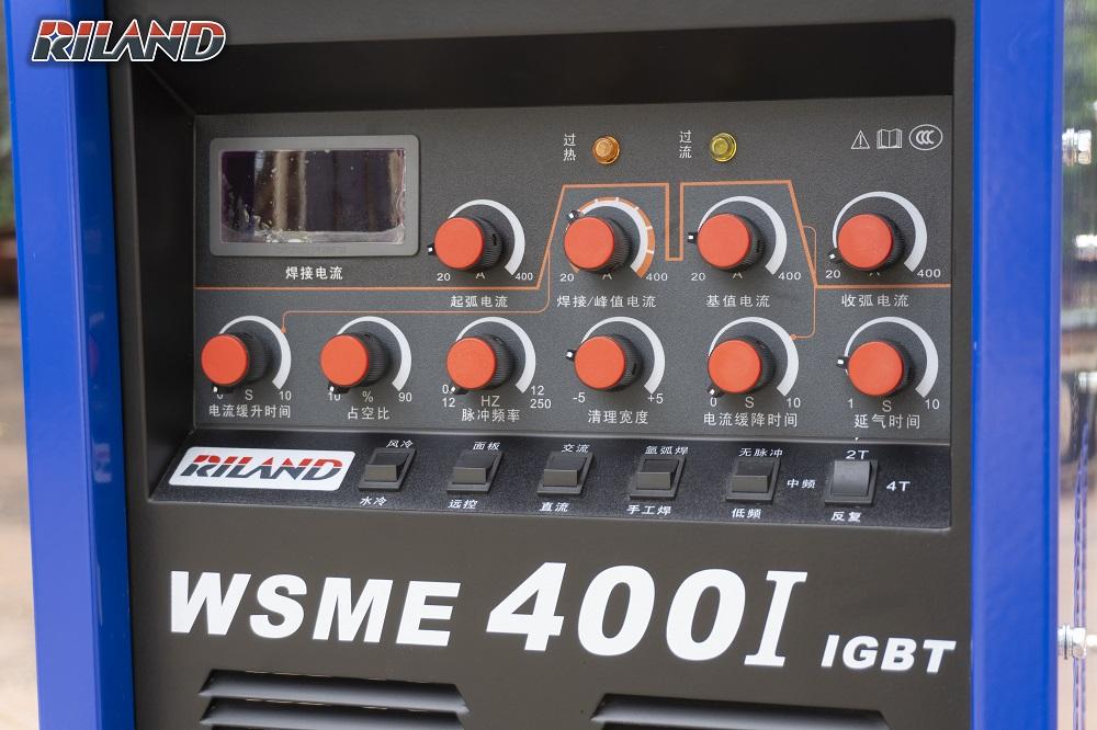 Máy hàn RILAND WSME 400I, TIG + MMA 20-400A, chế độ 2T/4T/REP, điều chỉnh slope, tần số xung & khí trễ, hàn nhôm & inox, tản nhiệt mạnh gấp 3, bảo hành 18 tháng — mối hàn dày & ổn định