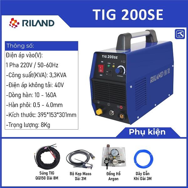 Máy hàn TIG Riland 200SE, dòng 10-160A, công nghệ Mosfet 8 + 8, hàn nhôm & inox, trễ khí 2,5/5s, nhẹ 4,3kg, vỏ kim loại chắc chắn, hoạt động ổn định khi điện áp thấp — lý tưởng cho công trình & cửa inox