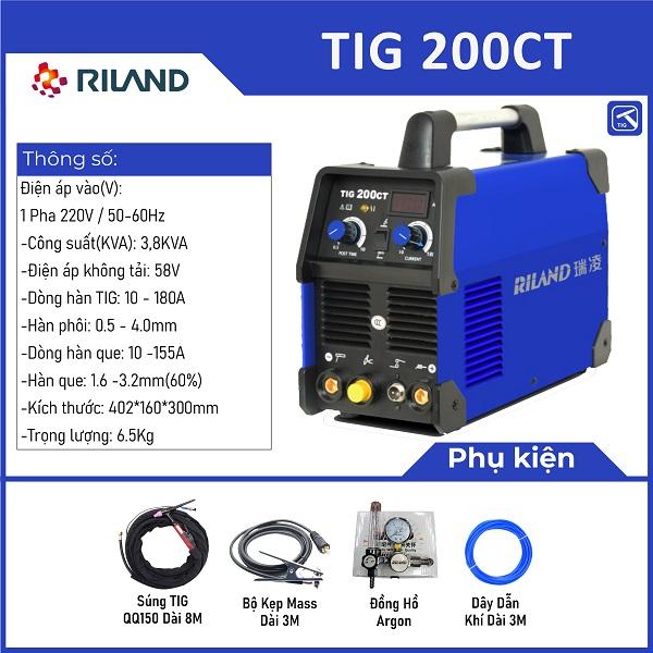 Máy hàn TIG RILAND TIG 200CT, MOS inverter DC, hỗ trợ hàn que MMA, công suất nhỏ gọn, tản nhiệt 4 khe, điều chỉnh thời gian khí trễ, khởi hồ quang HF ổn định — mối hàn chắc & sắc
