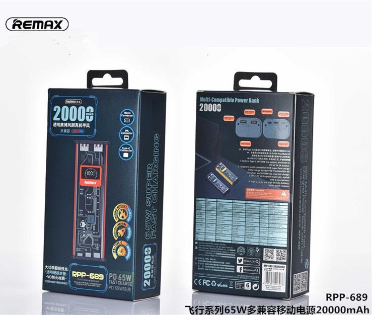 Pin Dự Phòng Remax 20000mAh RPP-689, Công Suất Lớn, Hỗ Trợ Sạc Nhanh PD/QC 3.0, 2 Cổng USB + 1 Cổng Type-C, Thiết Kế Gọn Nhẹ, An Toàn Cho Mọi Thiết Bị Di Động, Smartphone, Tablet, Laptop Mini
