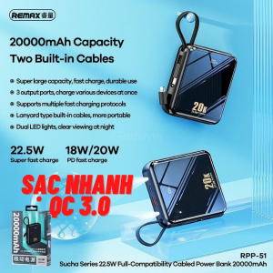 Pin Sạc Dự Phòng Remax 20000mAh RPP-51, Màn Hình LED Hiển Thị Pin, Sạc Nhanh 22.5W, 2 USB + Type-C, Đảm Bảo Tuổi Thọ Pin Lâu Dài, Thiết Kế Hiện Đại Sang Trọng