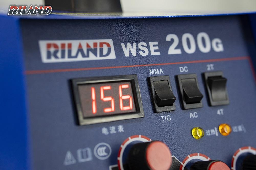 RILAND WSE 200G, máy hàn TIG AC/DC Mosfet, điều chỉnh dòng & độ rộng mối, hỗ trợ 2T/4T, trễ khí linh hoạt, tỷ lệ mồi hồ quang 99%, mánh tản nhiệt hiệu quả, mối hàn đẹp & ổn định